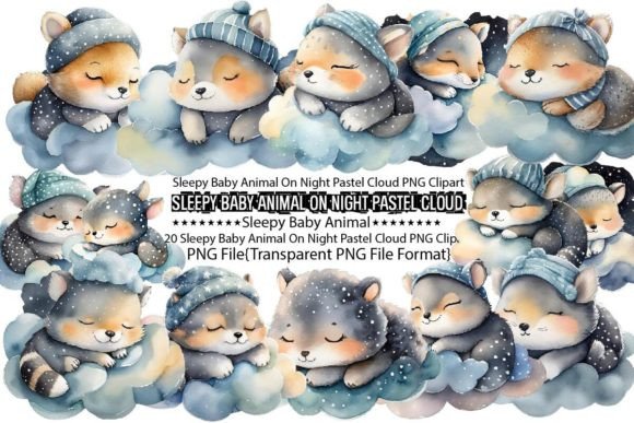 Download Sleepy Baby Animal on Night Pastel Cloud - Premium Resources