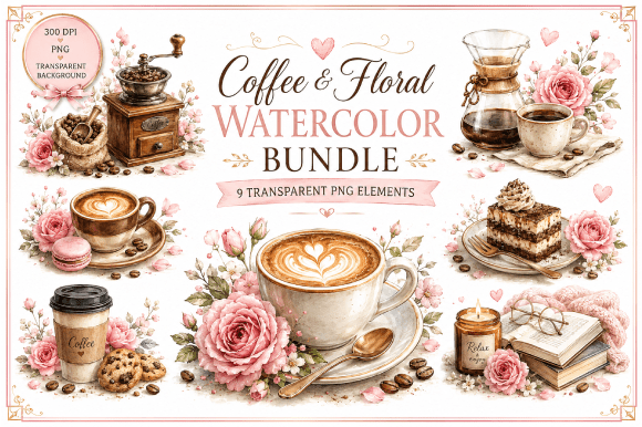 Download Coffee &amp; Floral Watercolor Bundle - Watercolor bundle Collection