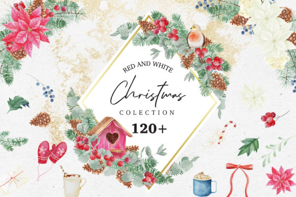Download Red &amp; White Christmas Watercolor Bundle - Watercolor bundle Collection